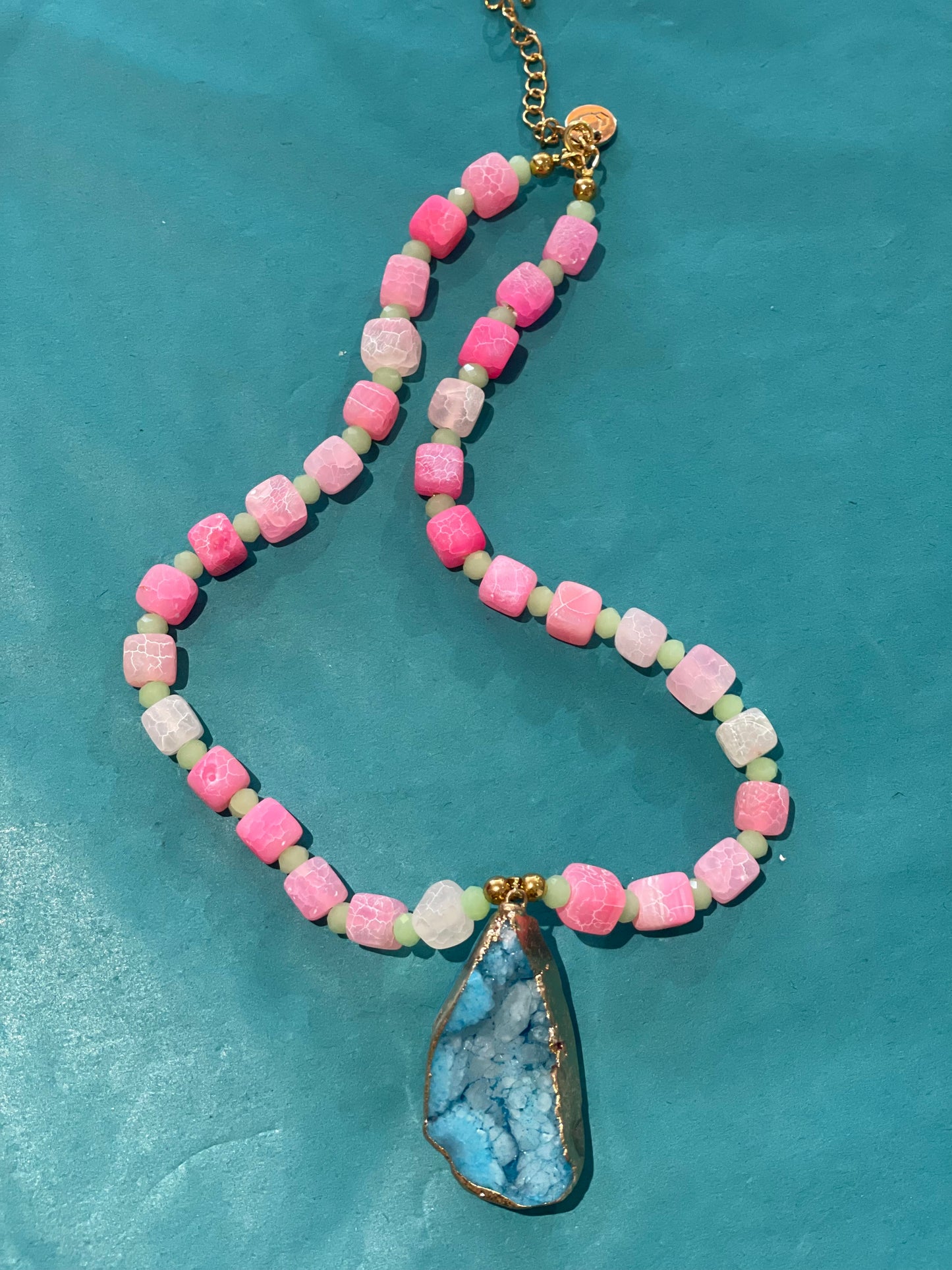 Pink Stone Necklace with Blue Pendant