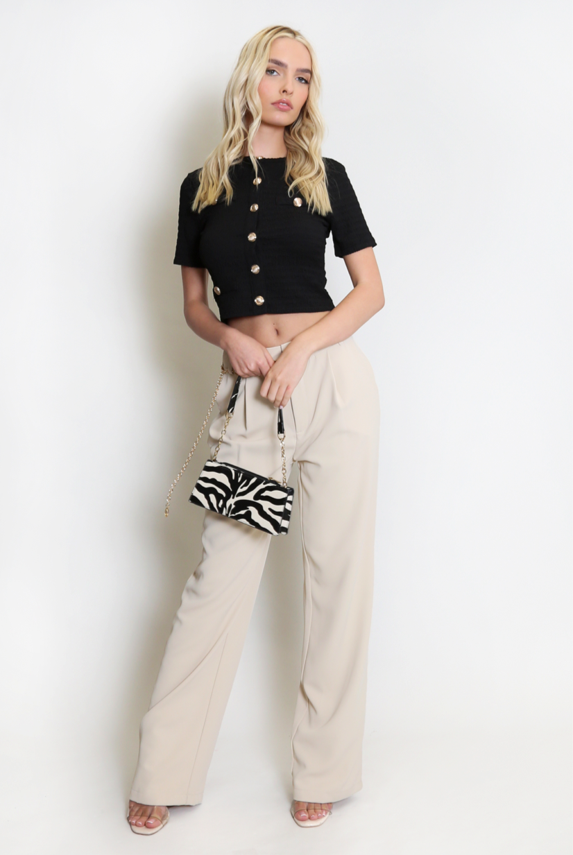 Button Front Short Sleeve Crop Top