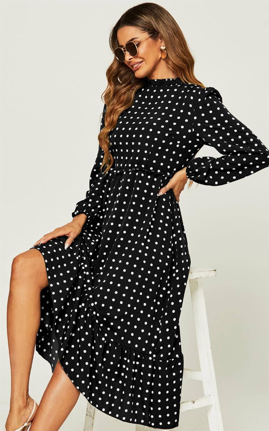 FS Collection Polka Dot Long Sleeve Midi Dress