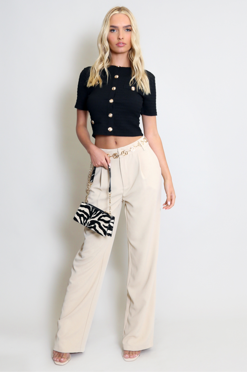 Button Front Short Sleeve Crop Top