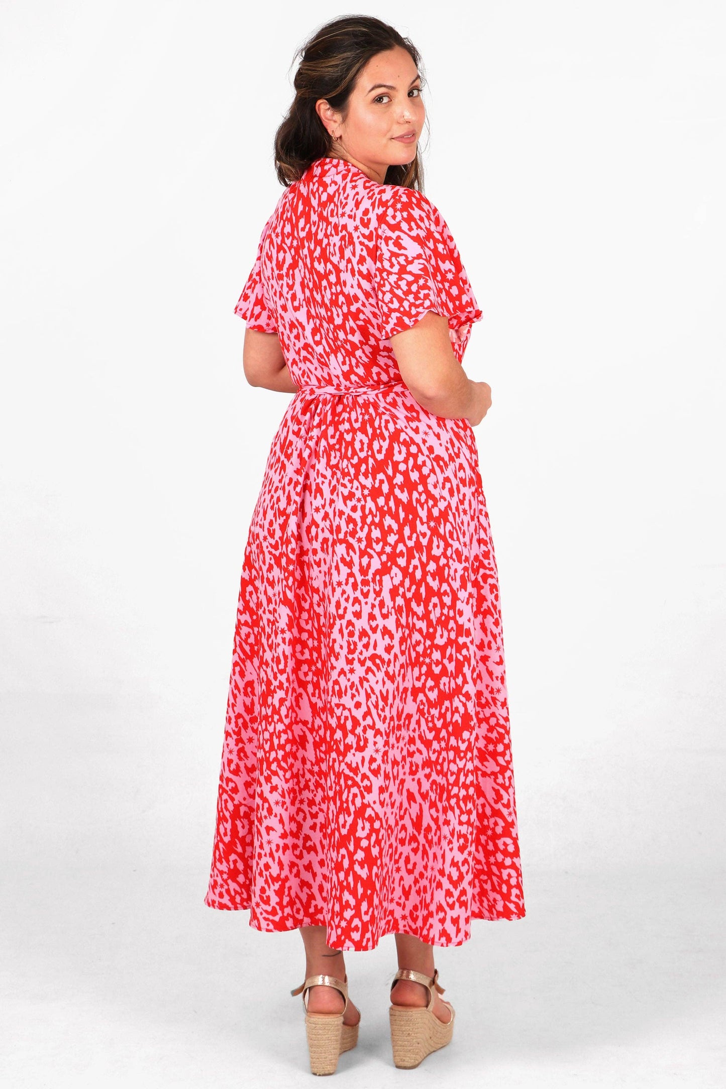 Sarta - Leopard and Star Print Short Sleeve Maxi Wrap Dress in Pink