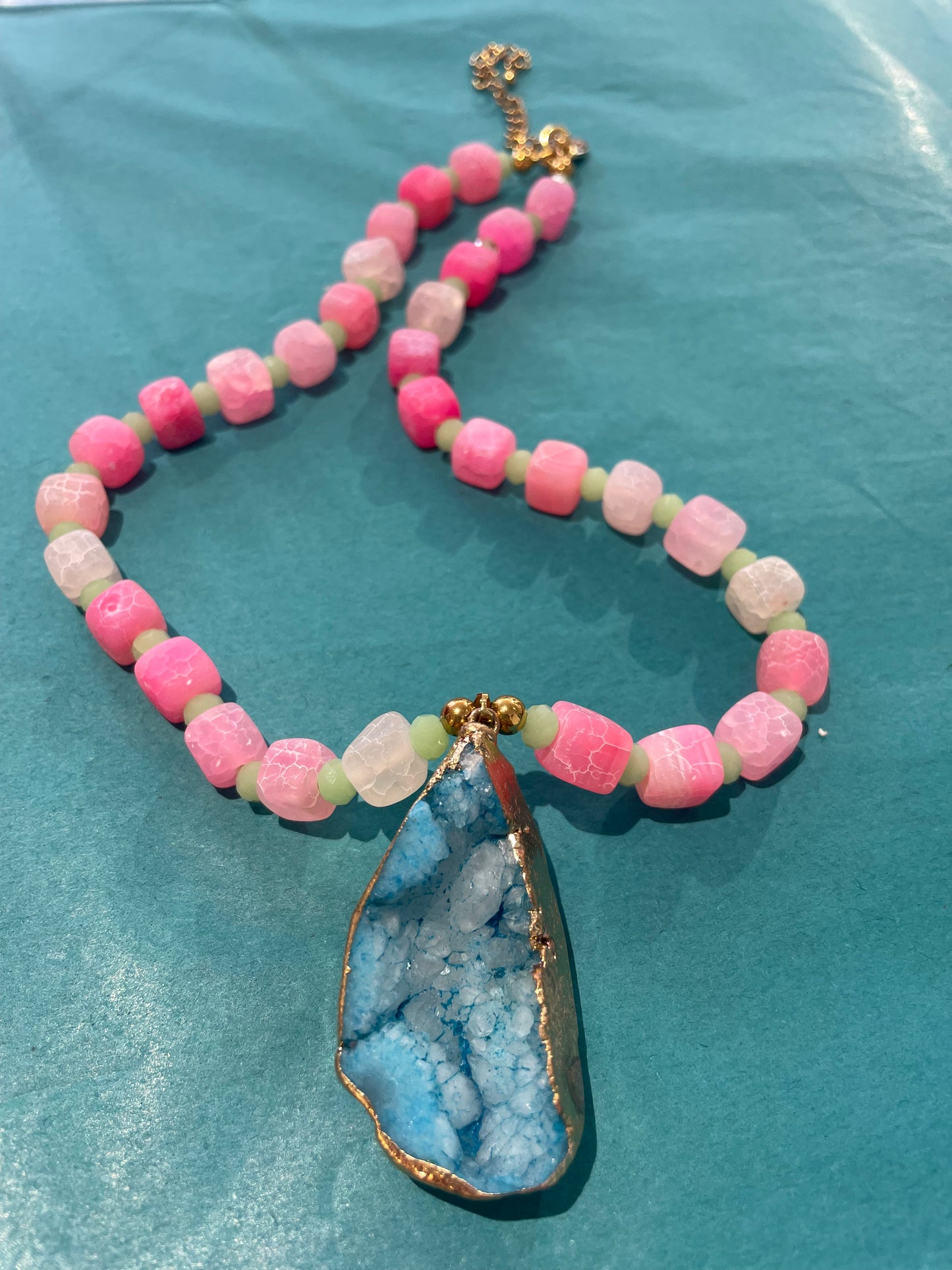 Pink Stone Necklace with Blue Pendant