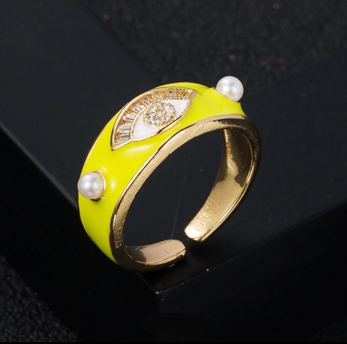 Evil Eye Enamel Pearl Cz Ring