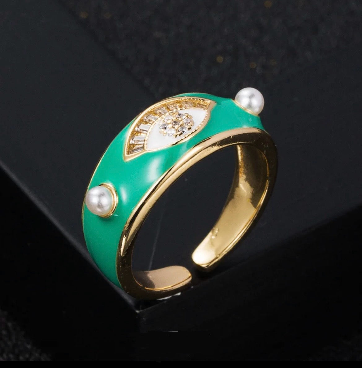 Evil Eye Enamel Pearl Cz Ring