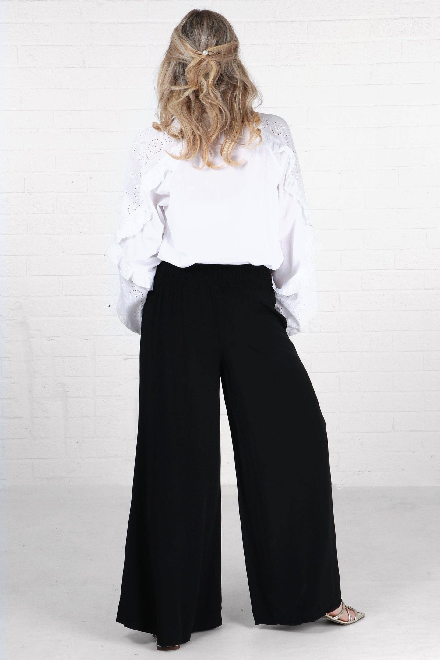 Sarta - Wide Leg Palazzo Pants With Shirred Waist in Black