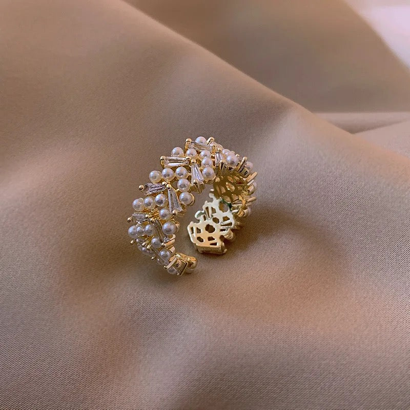 Elegant 18k plated Pearl & CZ Open Ring