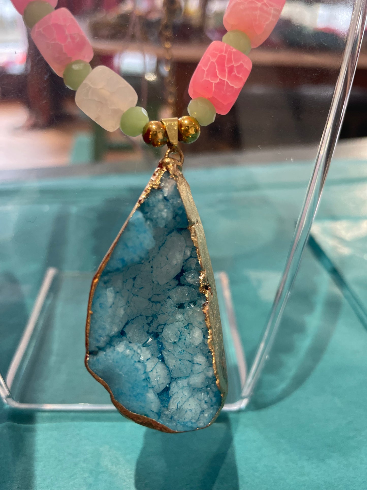 Pink Stone Necklace with Blue Pendant