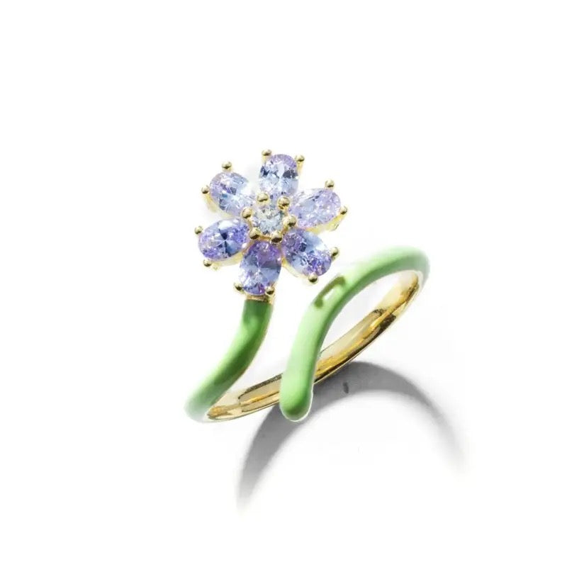 Wrap Flower CZ & Enamel Ring