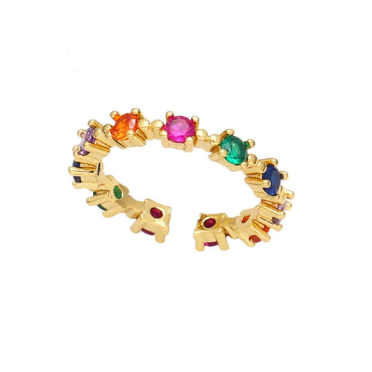 Rainbow Square Cut Cz 18k Gold Plated Open Ring