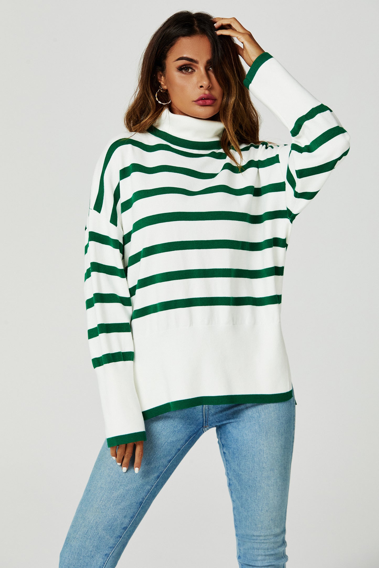 FS Collection Turtleneck Green Striped Jumper