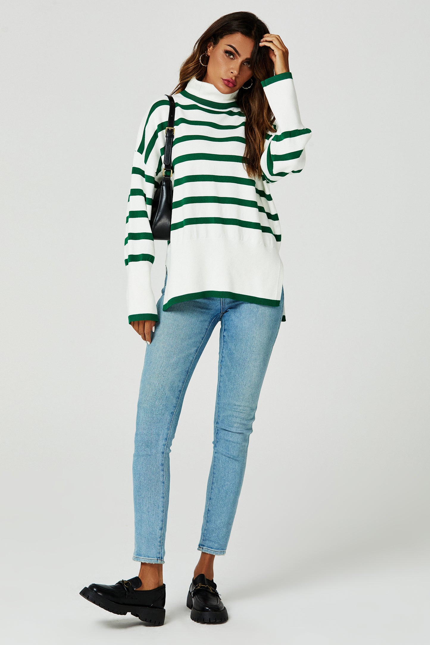 FS Collection Turtleneck Green Striped Jumper