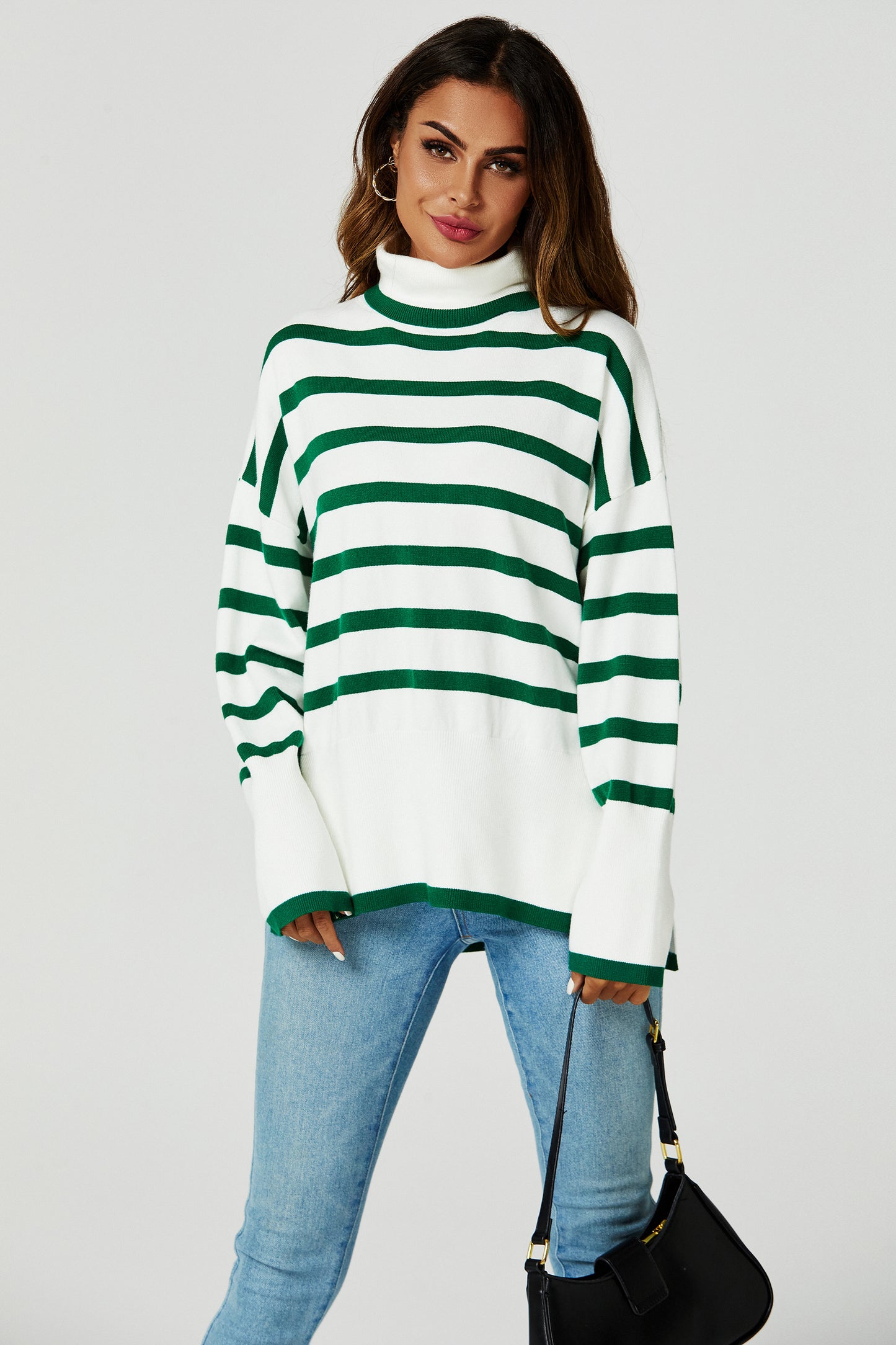 FS Collection Turtleneck Green Striped Jumper