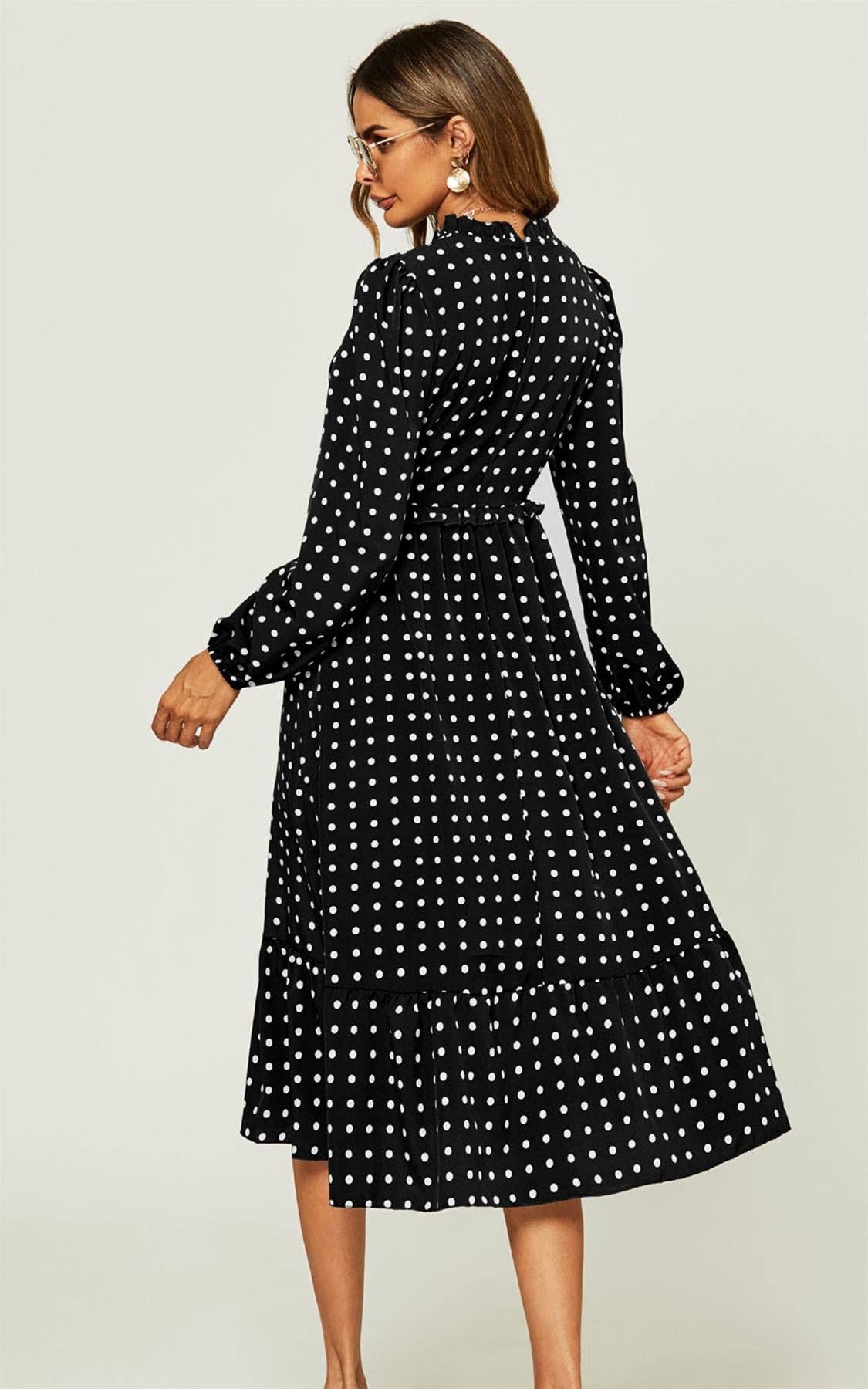 FS Collection Polka Dot Long Sleeve Midi Dress