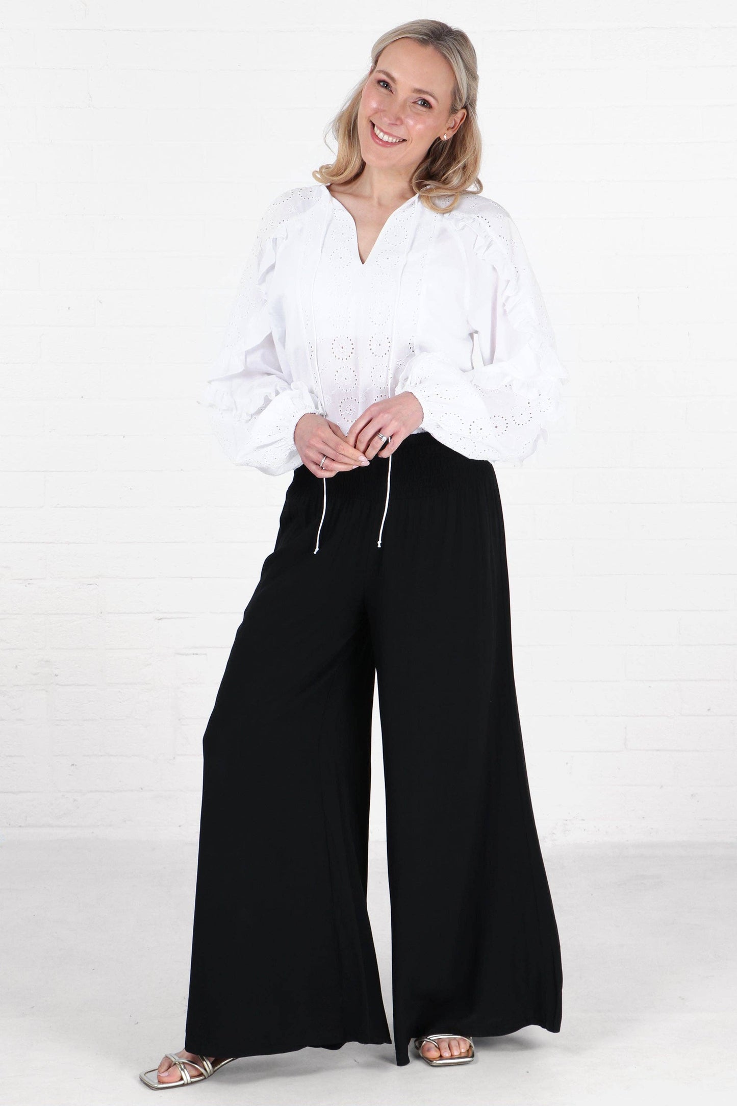 Sarta - Wide Leg Palazzo Pants With Shirred Waist in Black