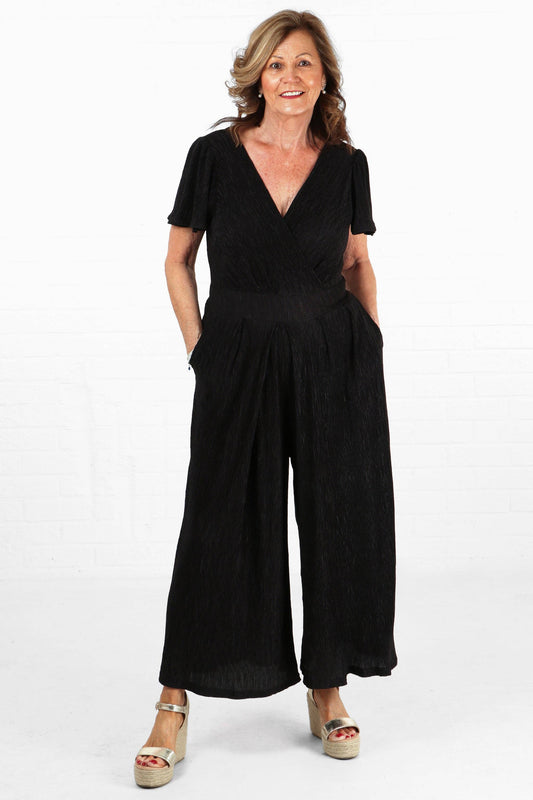 Sarta - Plisse Textured Wide Leg Jumpsuit in Black