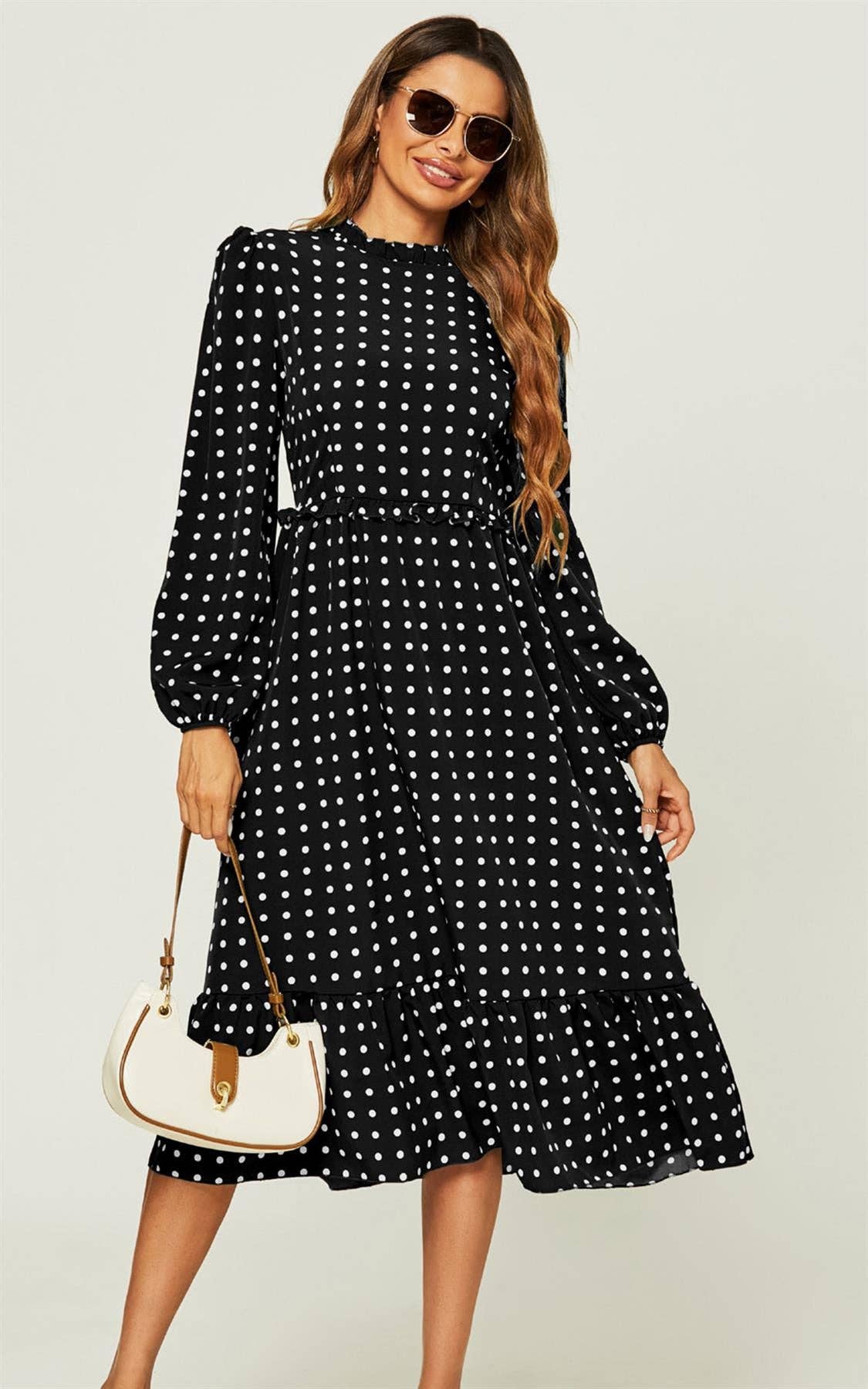 FS Collection Polka Dot Long Sleeve Midi Dress