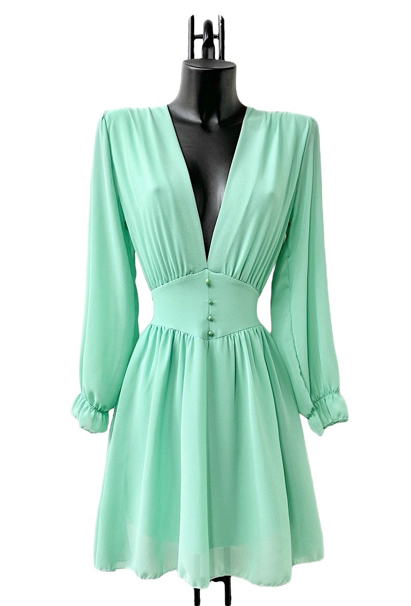 Elle Style Deep V Button Detail Teal Dress