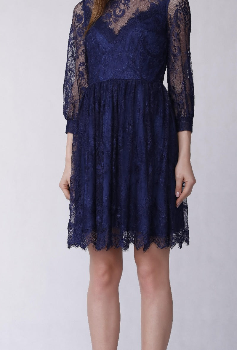 Smart and Joy Navy Blue Lace Skater Dress